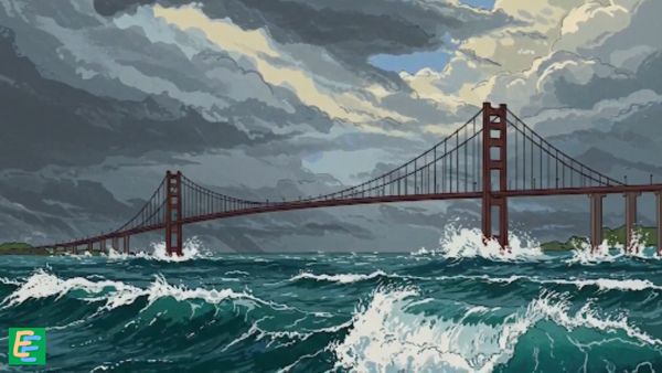 image : Roaing sea and suspension bridge in storm